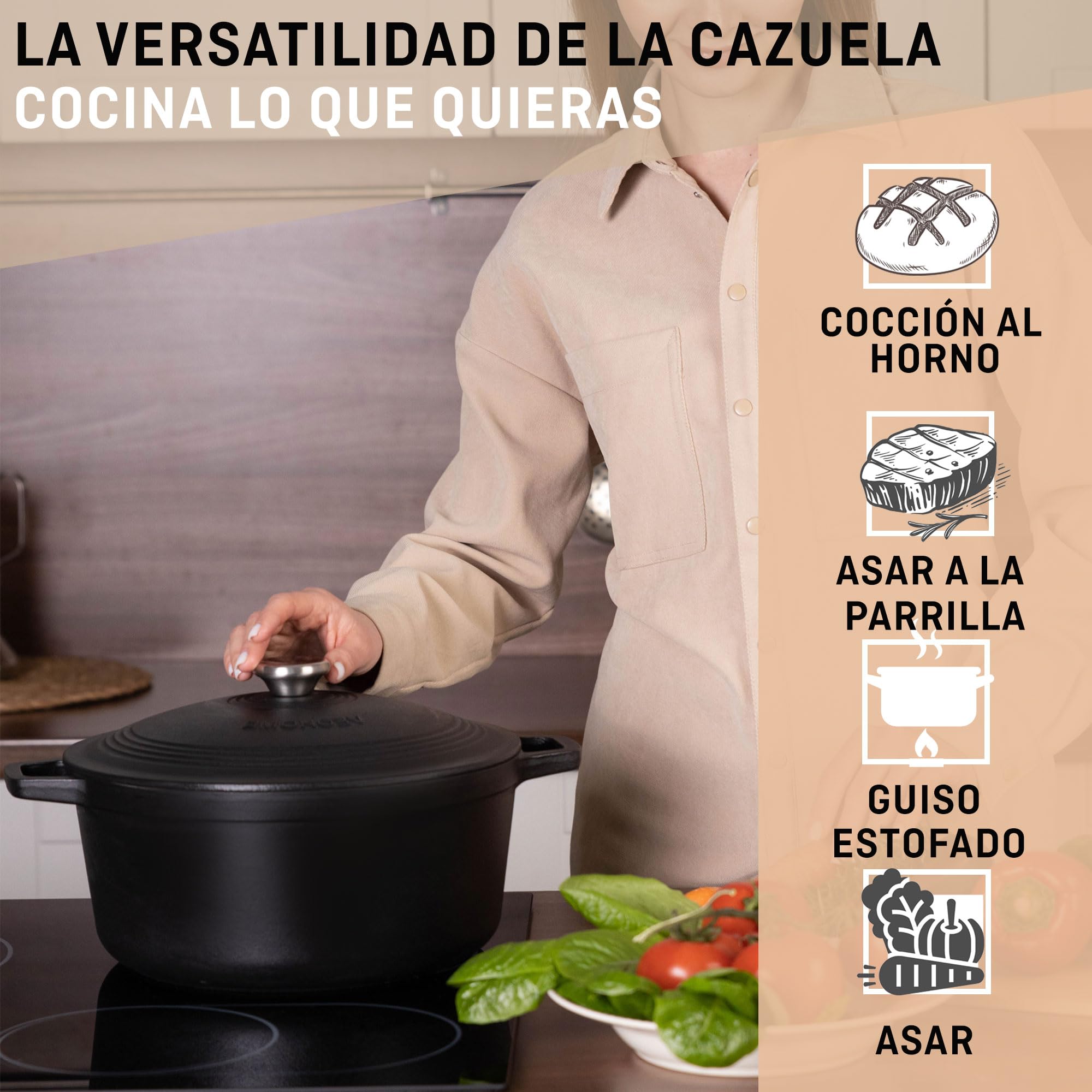 Cazuela de hierro fundido negro mate 6 litros - Olla de hierro fundido compatible con inducción y todas las fuentes de calor. Guiso versátil - caldero diámetro 28cm