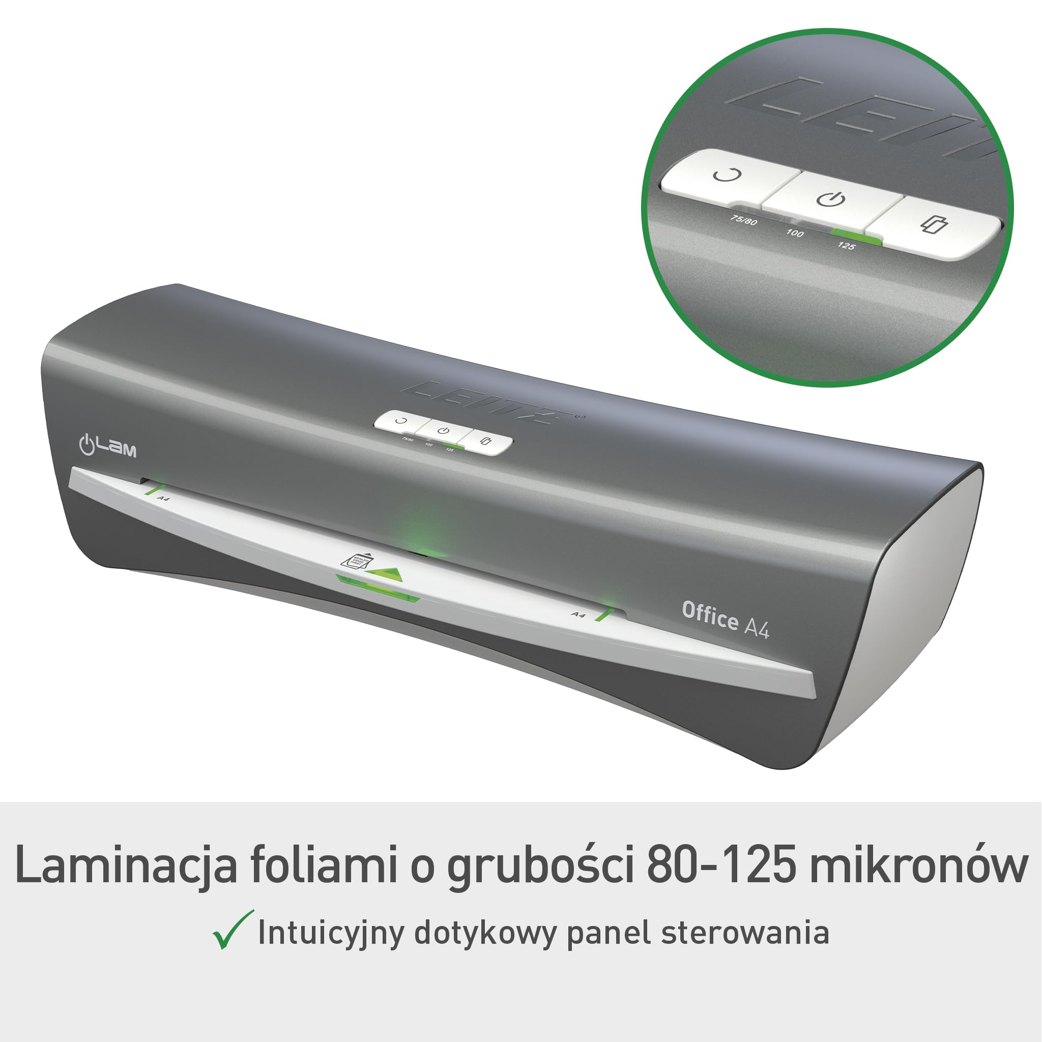 Leitz iLAM Office A4 Laminator, Ekstremalnie szybkie nagrzewanie w 1 minutę, 75-125 Micron, Inteligentny status LED, Automatyczne wyłączanie, Zawiera 5 x A4 worków laminacyjnych, Szary/Biały, 72510084