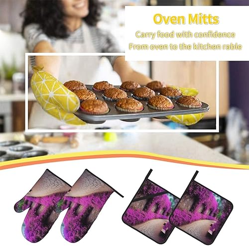 Miniatura 8 de Purple Floral Blooming Path Print Oven Mitts and Pot Holders Heat Resistant Oven Gloves and Hot Pads Gloves Set for Baking