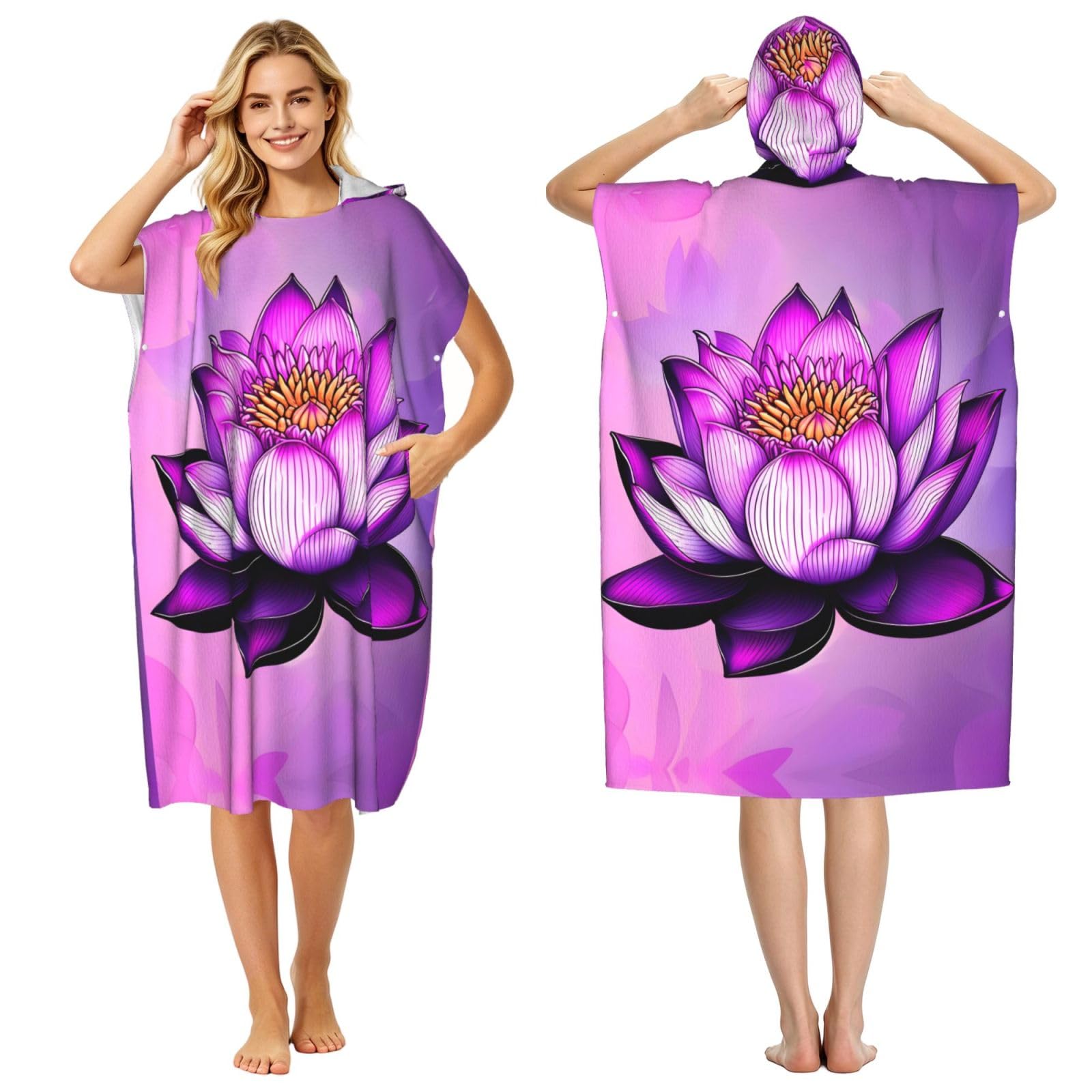 Zaixiansj 110cm Purple Lotus Print Adult Changing Robe Hooded Towel Poncho Surf Swim Beach Cover Up with Pockets