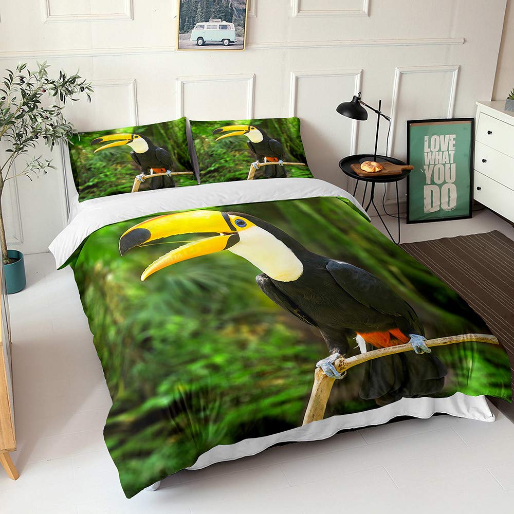 Ensemble de literie imprimé 3D Toucan forestier parure de lit 200x200cm en microfibre