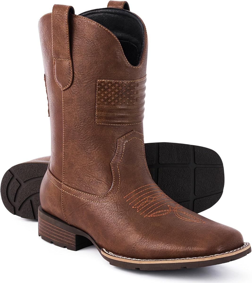Amazon.com | Platikly Cowboy Boots For Men - Mens Square Toe Brown Western Boot With Flag, Faux Leather Booties, Botas Para Hombre Vaqueras 10M | Western