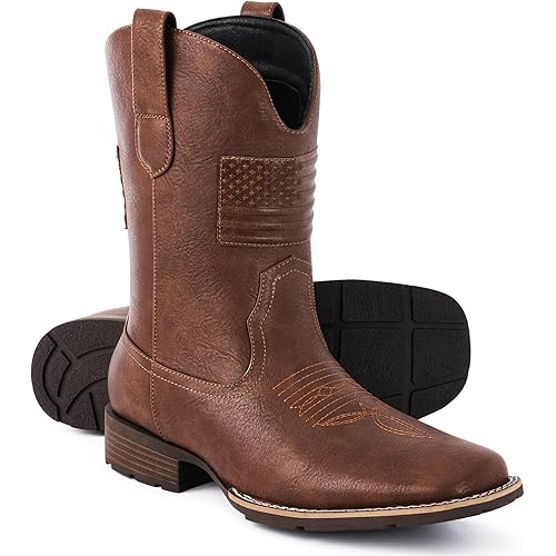 Cowboy Boots For Men - Mens Square Toe Western Boot With Flag, Faux Leather Booties, Botas Para Hombre Vaqueras Suitable For Concert, Daily, Wedding