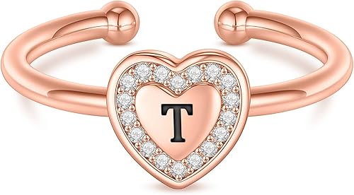 Valentines Day Gift Initial Rings for Teen Girls - Rose Gold Plated Ring for Tee