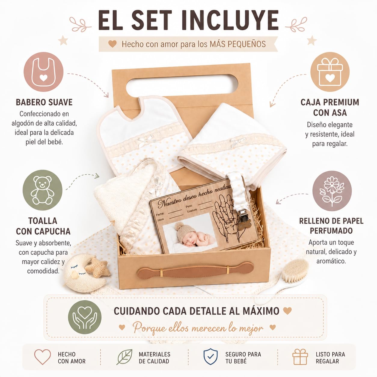 Set regalo recien nacido canastilla bebe niña niño babero muselina chupetero toalla capa baño placa madera personalizada recuerdo nacimiento algodón organico suave idea original regalo bautizo