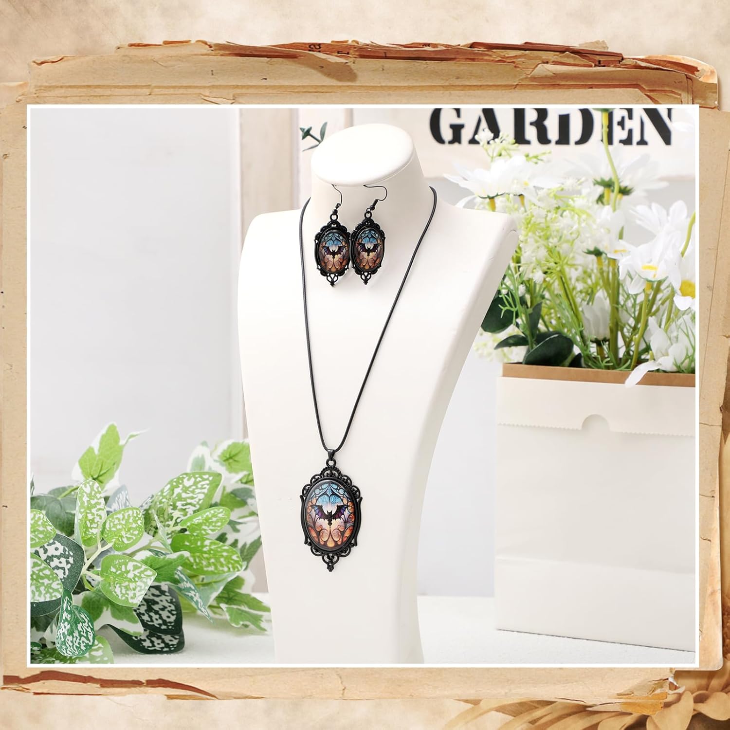 Nosiny Gothic Earrings and Necklace Vintage Hallowen Jewelry Set Crystal Glass Witch/bat Dangle Earrings Cameo Necklace Gothic Victoria Punk Mystic Cosplay Costume Accessories for Women - Image 5