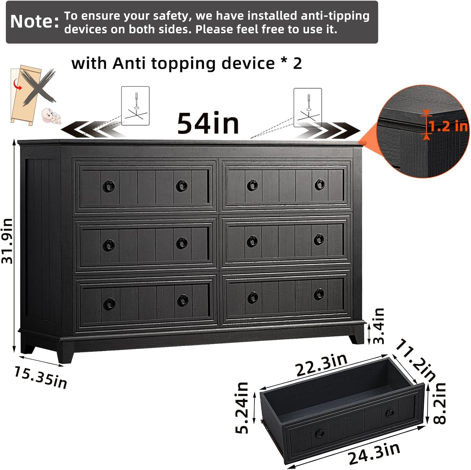 Farmhouse Dresser and Nightstand Sets 2 Piece, Nightstands and 6 Drawers Dressers for Bedroom, 54" Wide Dresser and 18" Inch Night Stand Set for Bedroom, Living Room, Hallway