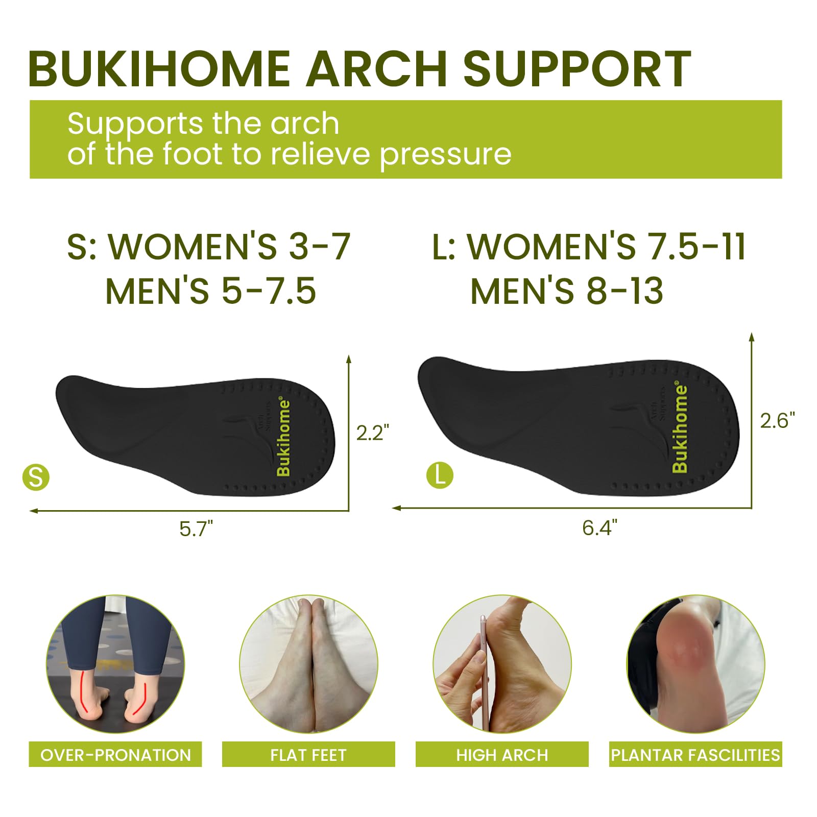 Bukihome 3 Paia Solette Ortopediche per Supporto Arco, Solette per Fascite Plantare, Plantare per Piede Piatto per Uomini e Donne, per Tacchi, Sandali, Scarpe Sportive (S, Nero)