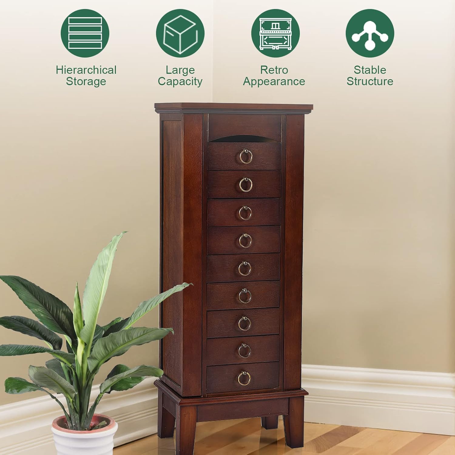 Standing Jewelry Armoire Cabinet, Wooden Jewelry Storage Chest w/Flip Top Mirror, 9 Drawers & 2 Side Doors, Large Capacity Jewelry Storage Organizer for Necklaces Bracelets Earrings