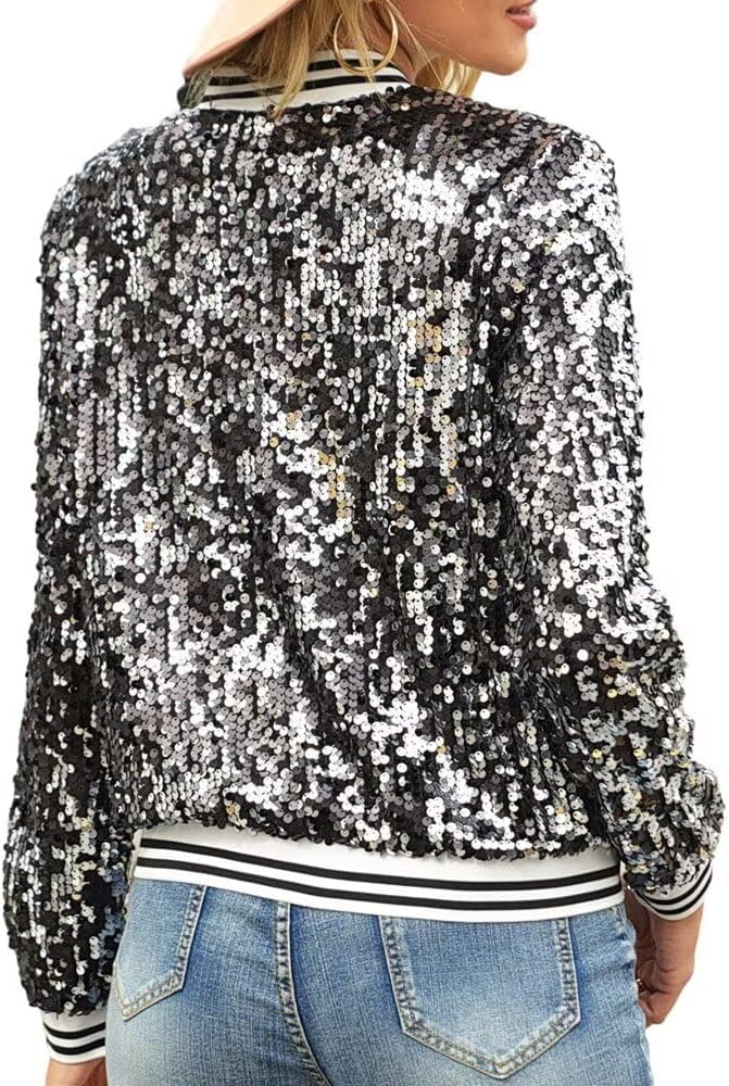 itnpbwus Sequin Jacket for Women Long Sleeved Front Zipper Ribbed Cuffs Bomber Jacket