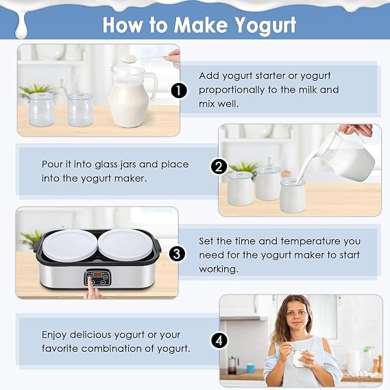 Yogurt Maker, Large Capacity 2L Automatic Temperature Control Digital Yogurt Machine for Home & Commercial Use Stainless Steel Glass
