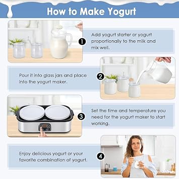 Yogurt Maker, Large Capacity 2L Automatic Temperature Control Digital Yogurt Machine for Home & Commercial Use Stainless Steel Glass