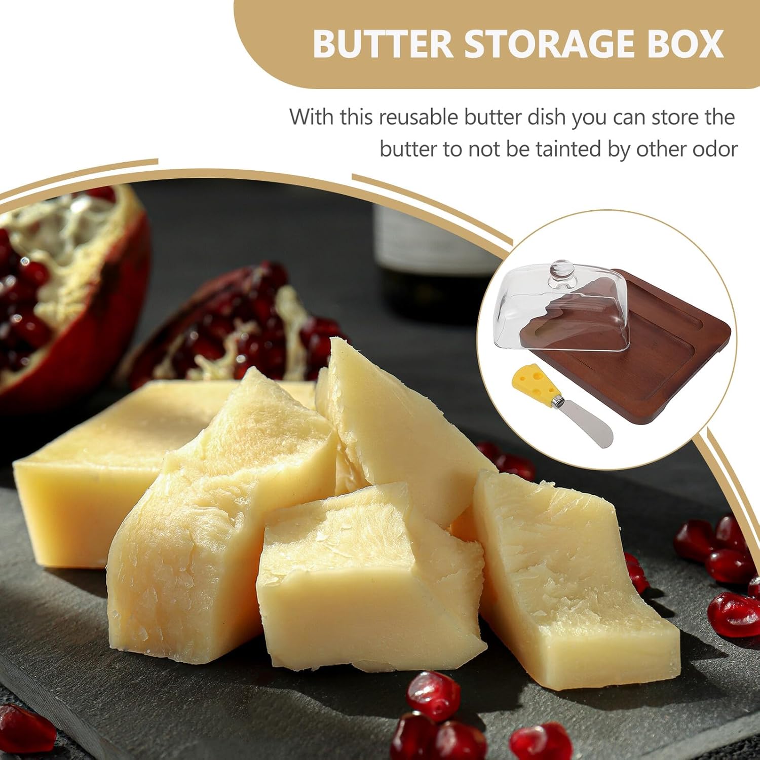 Uonlytech Wood Butter Dish with Glass Dome and Metal Cutter Square Clear Butter Holder for Kitchen Countertop with Lid Elegant Nordic Style for Restaurant and Home Use