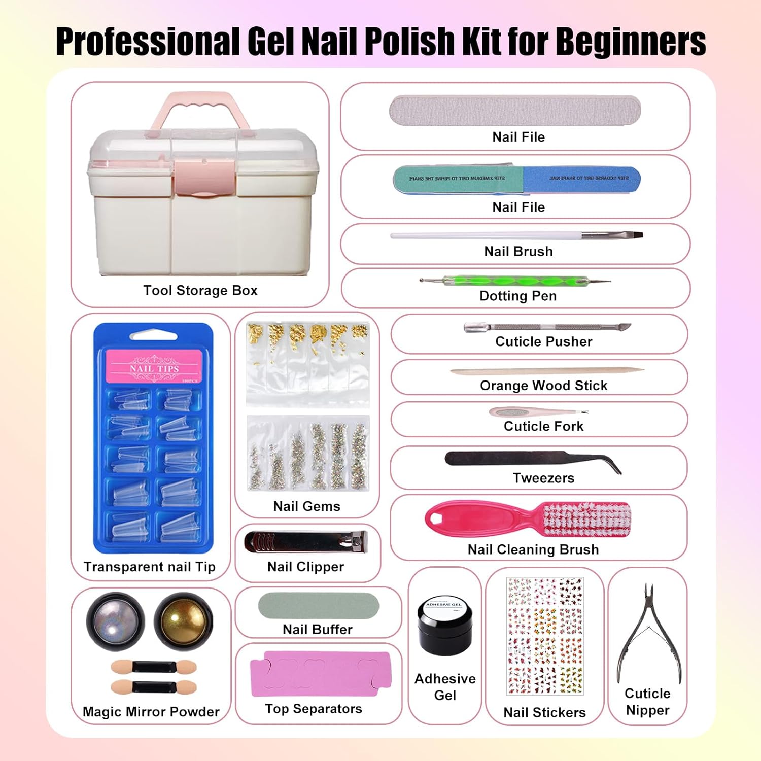 JR 48Pcs Gel Nail Polish Kit 15ml Gel Polish Soak off Base Top Coat 27 Shine Colors Gel Nail Set Include Storage Box for Home DIY Gift Women and Girls