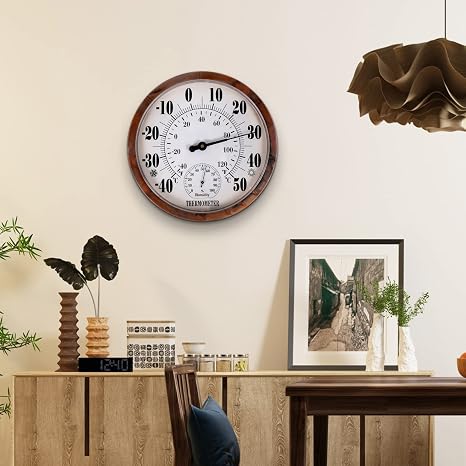 Indoor Outdoor Thermometer Hygrometer - 10 Inch Outdoor Thermometer Large Numbers, 2 in 1 Thermometer Hygrometer, Outside Thermometers for Patio (Brown)