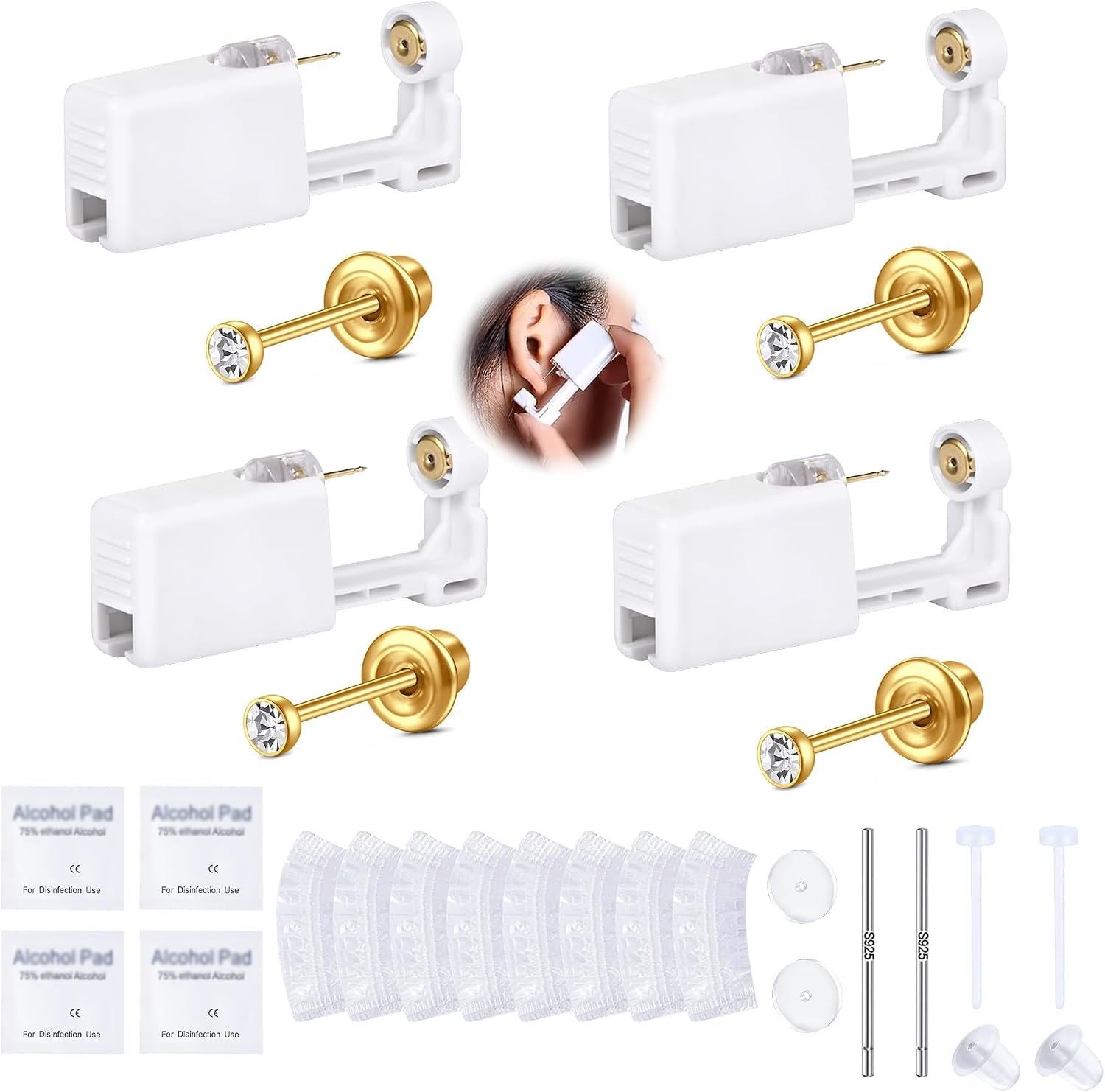 QWALIT 2mm Disposable Ear Piercing Gun Kit with Surgical Steel Cubic Zircon Earring Stud at Home Self Ear Piercer Kit Gold Hypoallergenic Earrings Safe Back Sensitive Ears Small