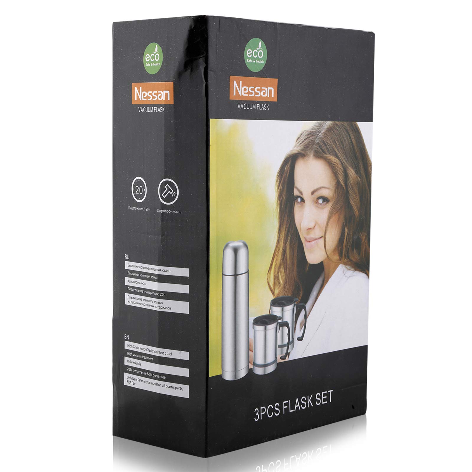 NessanStainless Steel Flask with Mug, Silver, 1 Liter, AB-011A, 3 Pieces