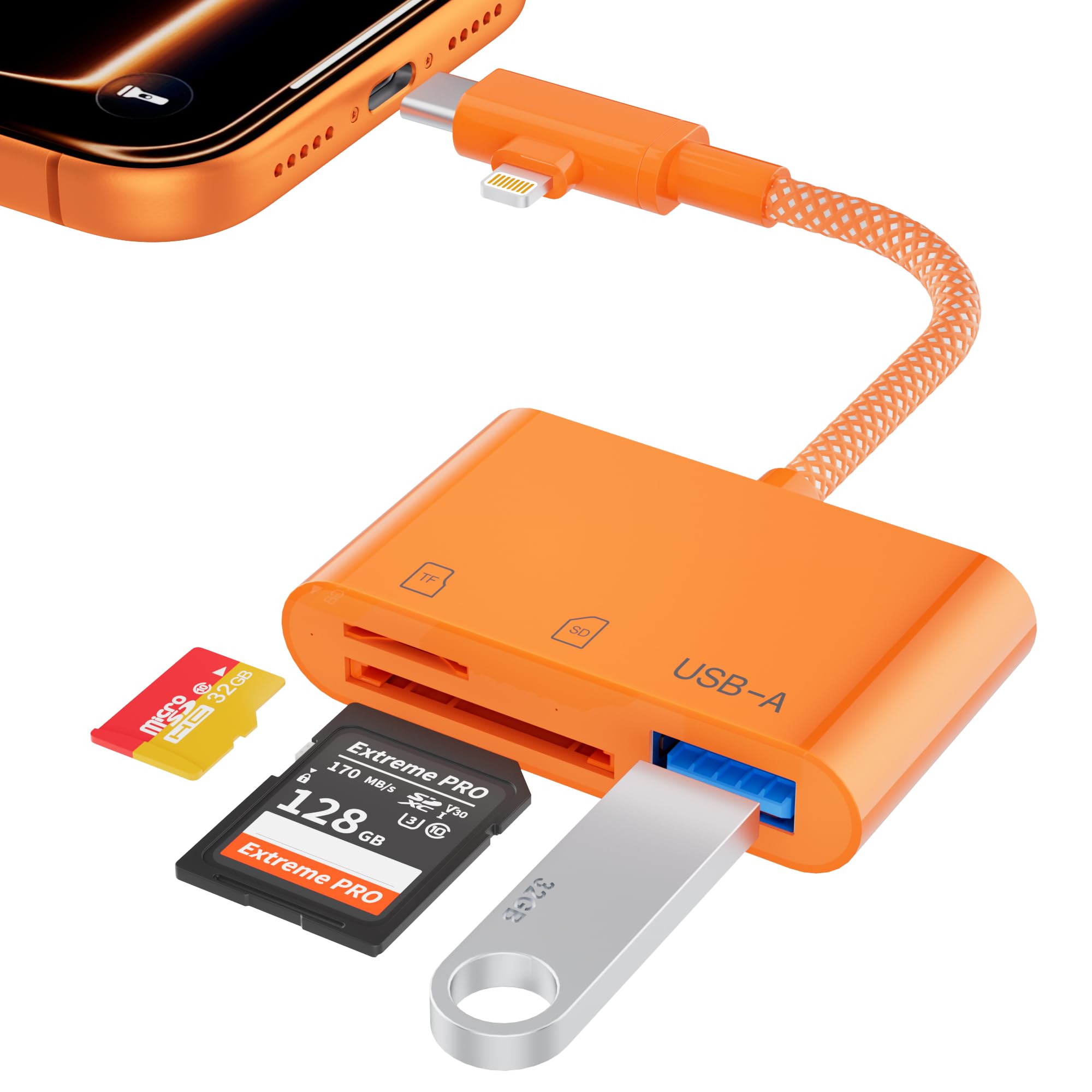 3 in 1 SD Card Reader for iPhone,Memory Card Reader with USB Camera Adapter,Lightning & USB C Dual Connectors,SD/TF Card Simultaneous Read,Plug and Play Trail Game Digital Camera Adapter,Orange-image-14