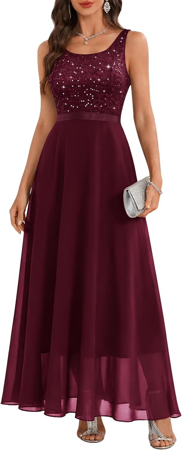 BeryLove Sequin Formal Dress for Woman A Line Lace Prom Dresses Sleeveless Cocktail Maxi Gowns