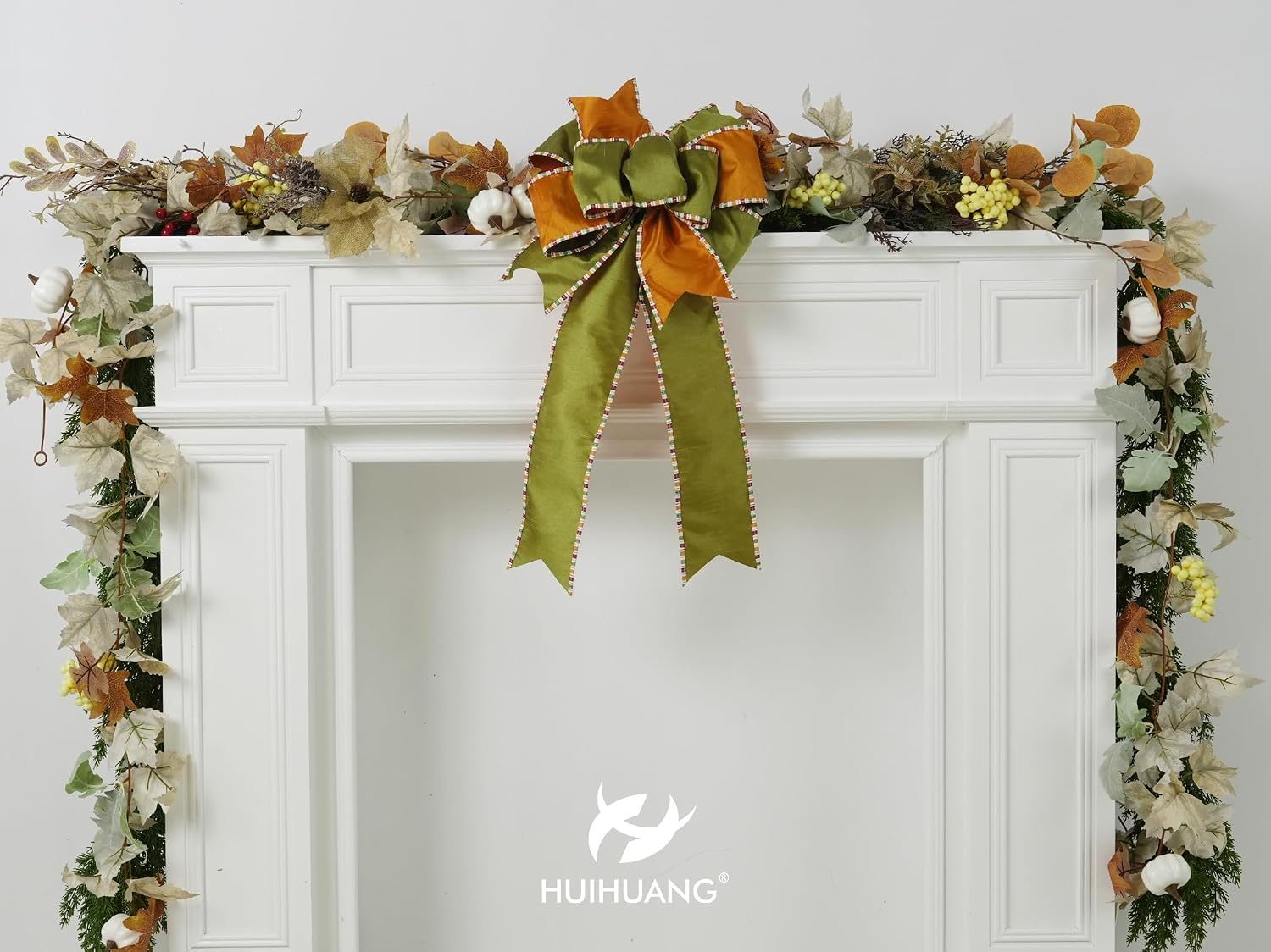 HUIHUANG 4 inch Moss Orange Fall Dupioni Wired Ribbon with Striped Border