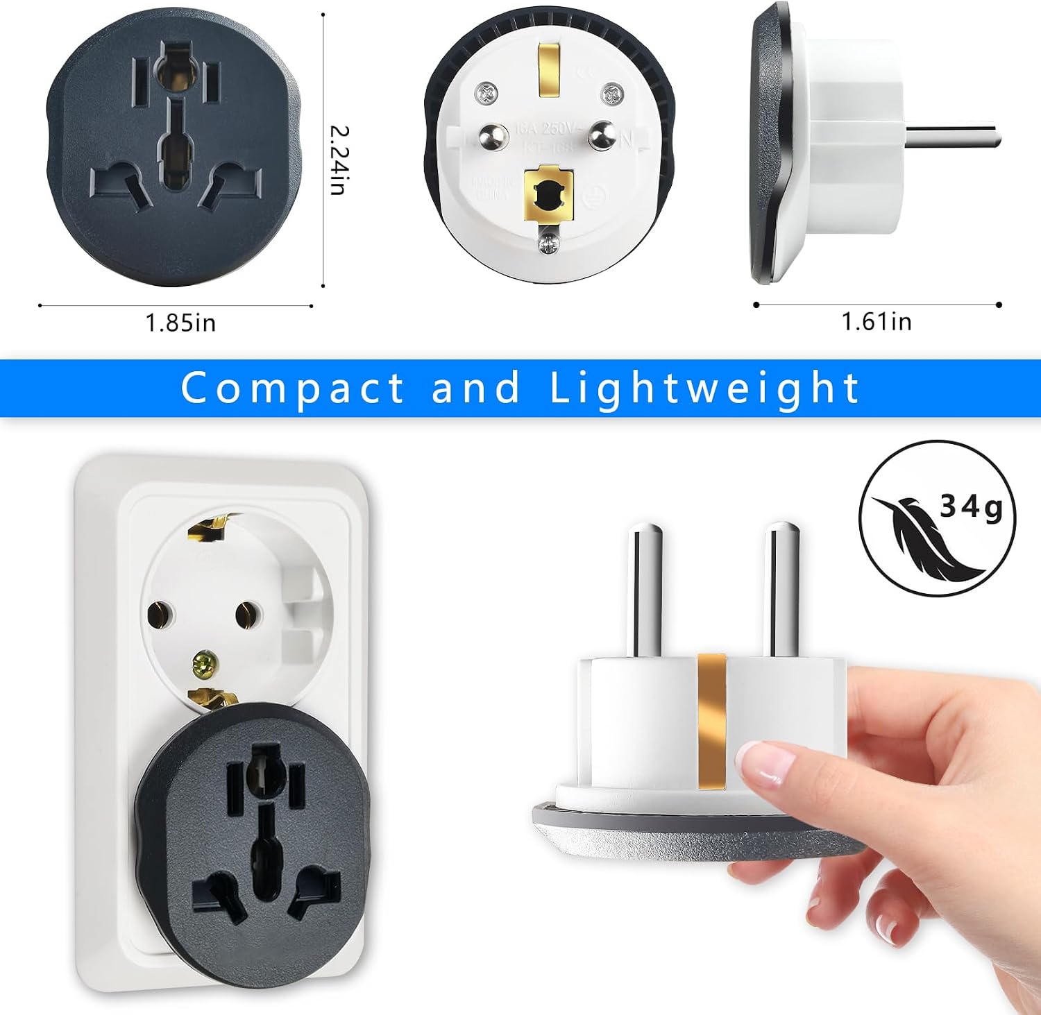 European Plug Adapter,US to European Plug Adapter, 2 Pack