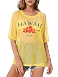 FRYAID Swimsuit Cover Up Women See Through Oversized Shirt Hawaii Swimwear Vacation T-Shirt Sheer Mesh Summer Beachwear Tee