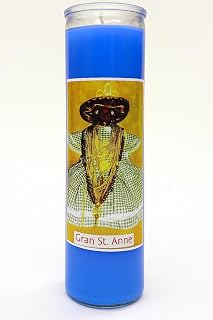 Gran St. Anne 7-Day Religious Prayer Candle, Blue Glass Container with Spiritual Image, Traditional Devotional Candle