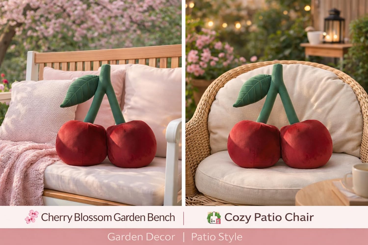 Cherry Pillow for Preppy Room Decor –17x14 In 3D Decorative Cherry Throw Pillow in Luxe Velvet –Shape Hold Fill Fruit Cushion with Sculpted Stem & Embroidered Leaf for Sofa & Aesthetic Home Decor ,Red