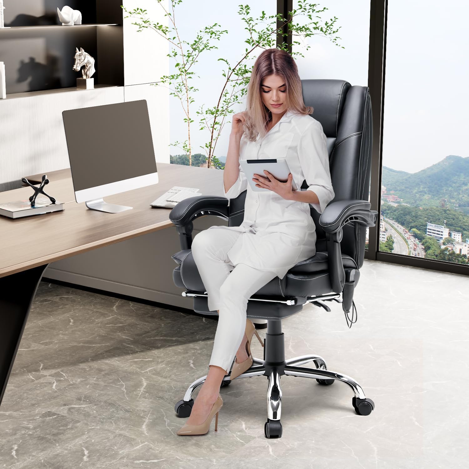 HOMREST Executive Office Chair with Heat and Massage, High-Back PU Leather Ergonomic Desk Chair with Retractable Footrest and Link Armrests, Reclining Computer Chair for Home Office (Black)