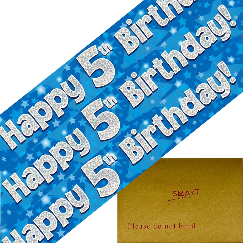 9ft Banner Happy 5th Birthday Blue Holographic Foil Pennant Age 5