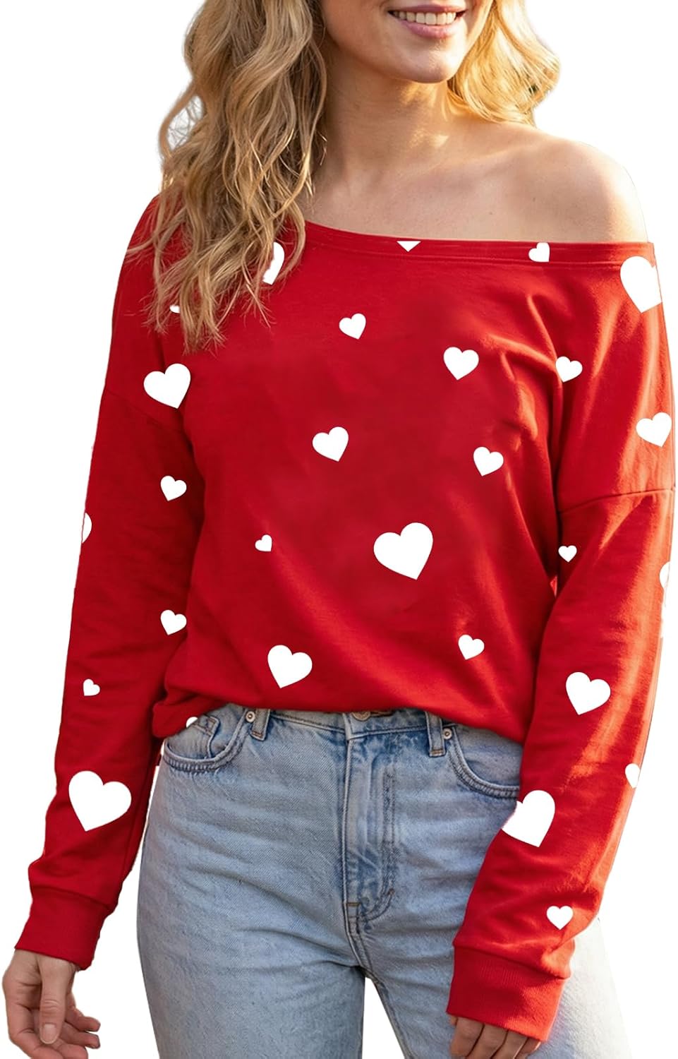 Valentines Shirts for Women Love Heart Graphic Off Shoulder Long Sleeve Shirt Cute Valentine's Day Gifts Tee Tops