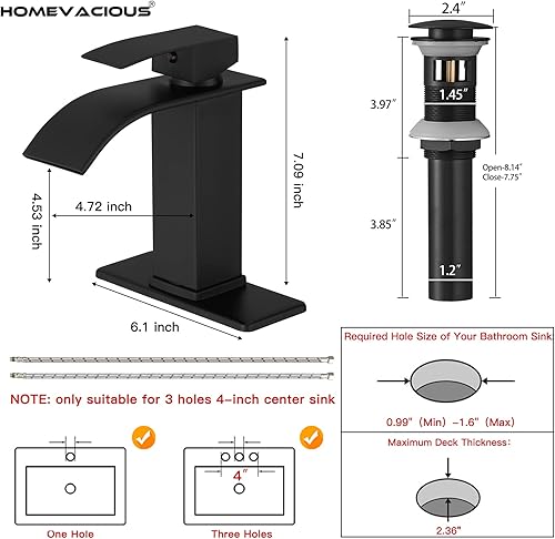 Miniatura 6 de Homevacious Grifo de baño negro mate, cascada, grifos de acero inoxidable para fregadero de baño, 1 agujero, moderno mango único, grifo de tocador