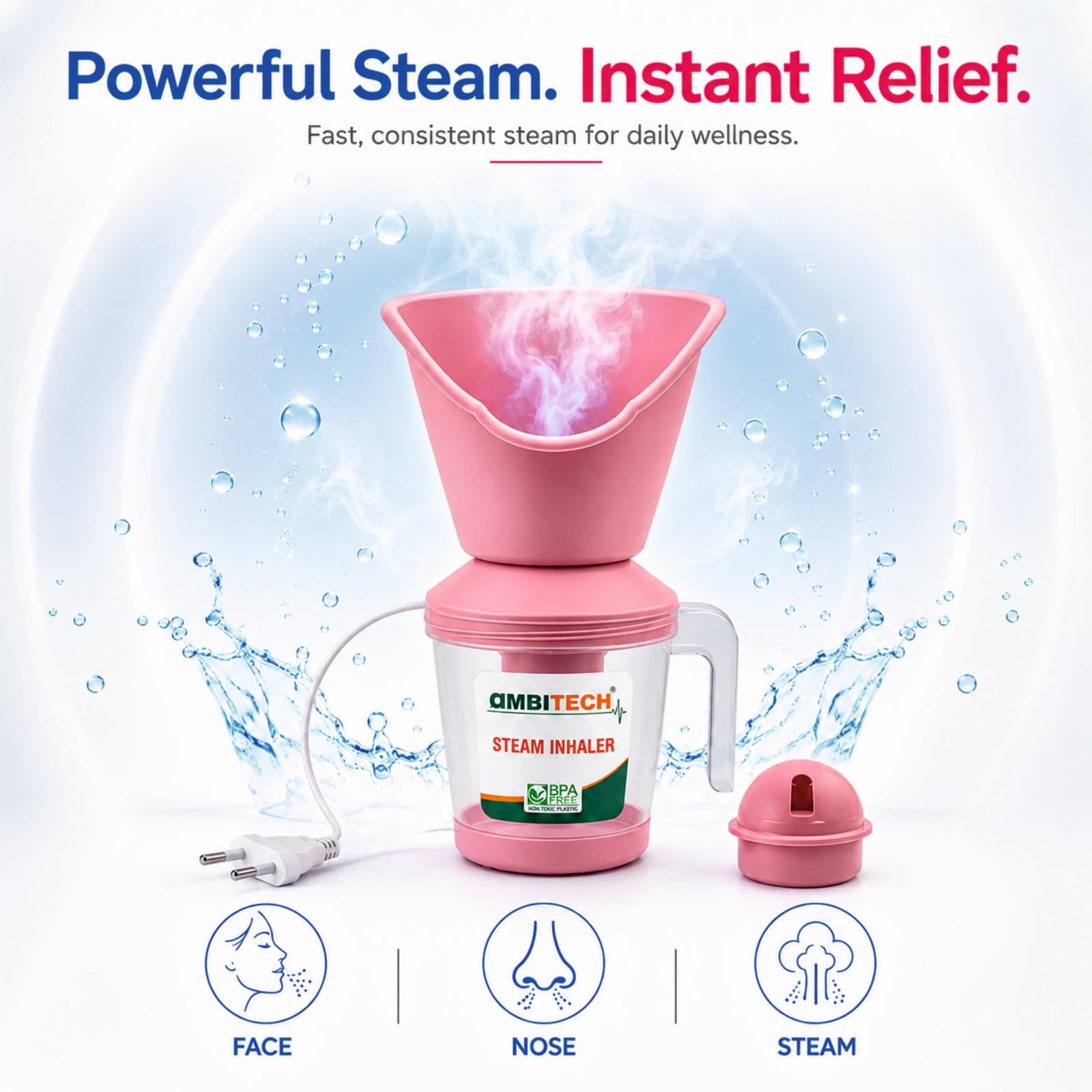 AmbiTech 3 in 1 Steamer with 1 Year Replacement Warranty Steam Inhaler Facial Vaporizer for Cold & Cough| Multi Colour 3