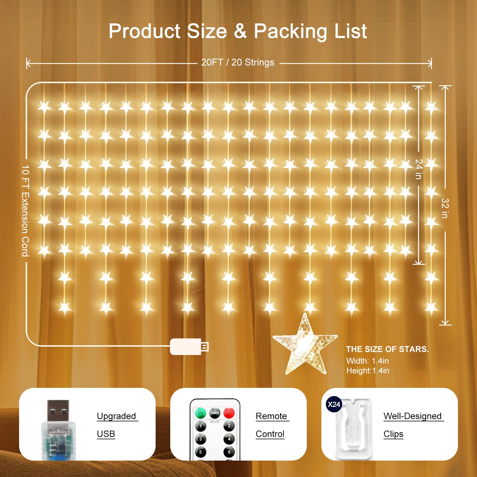 Rideau lumineux étoilé à suspendre pour fenêtre - Guirlande lumineuse à 140 étoiles pour décoration murale - Prise USB - 8 modes - Guirlande lumineuse scintillante pour Noël, chambre, intérieur