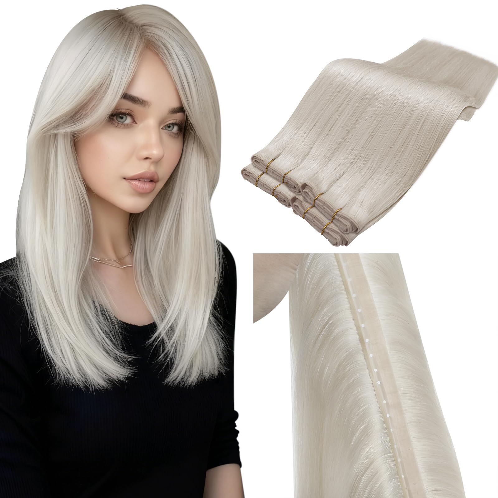 LaaVoo Extension de Cheveux Naturel Tissage Butterfly Invisible PU Platine Extension Cheveux Naturel Tissage Sans Colle Genius Micro Bead Blanc Lisse 60cm 100g #60
