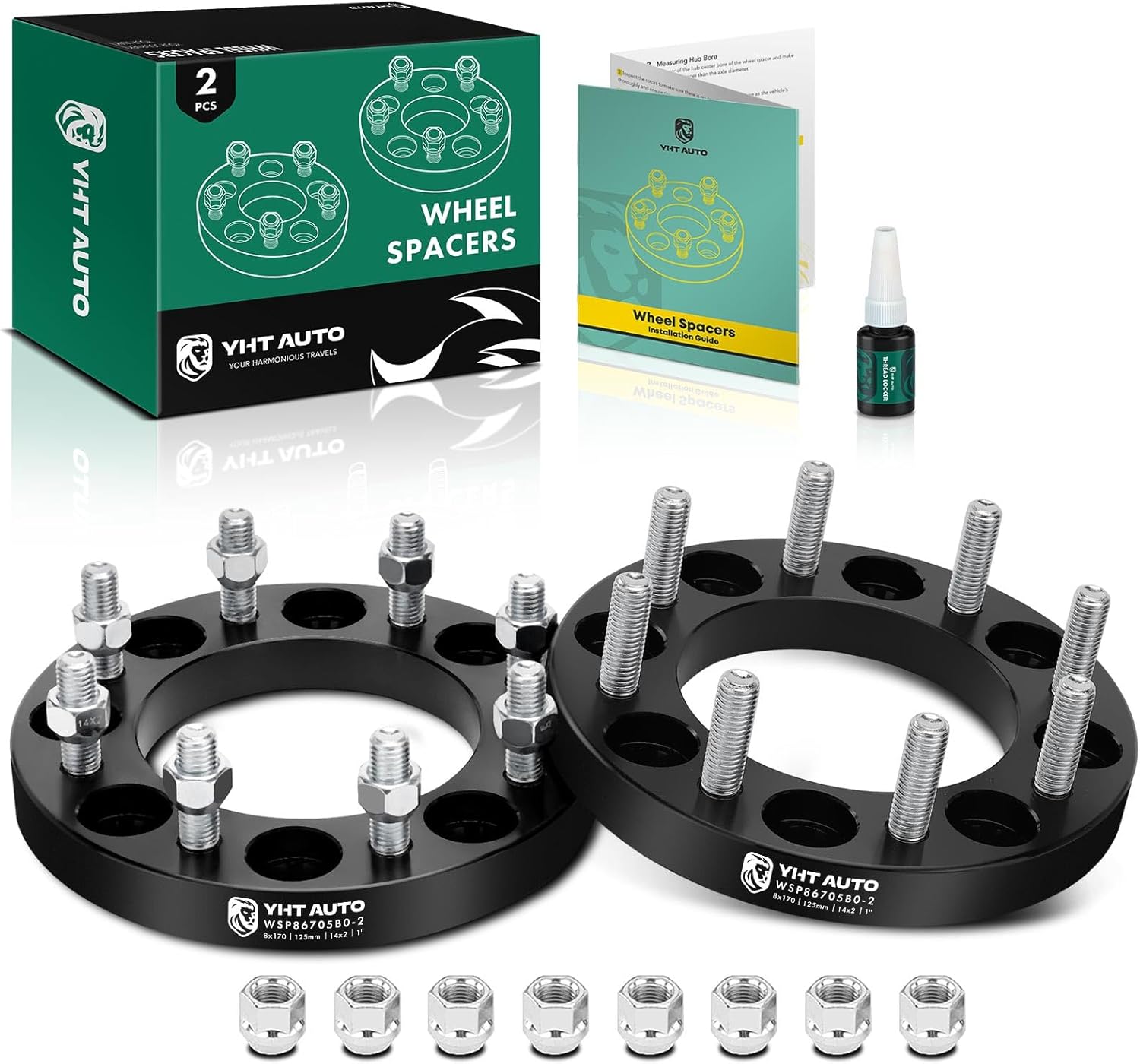 YHTAUTO 8x170mm Wheel Spacers 1 Inch Compatible with Ford F-250 Super Duty 1999-2002, Excursion 2000-2002 8 Lug Tire Spacers w/ M14x2 & 12.9 Grade Studs, 125mm Center Bore 2PCS Black