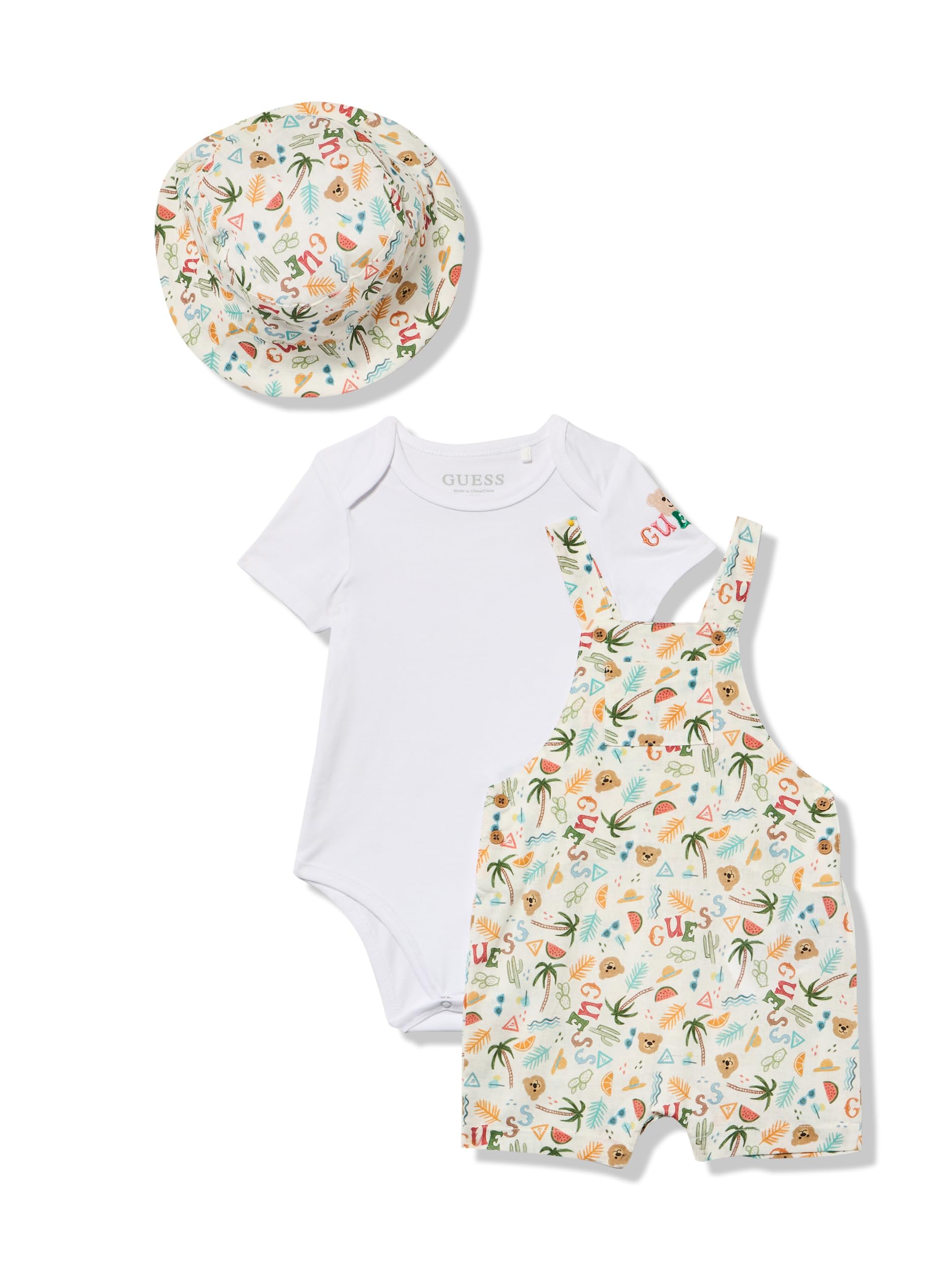 GUESS Body a maniche corte per bambini con pagliaccetto e cappello abbinato, set da 3 pezzi