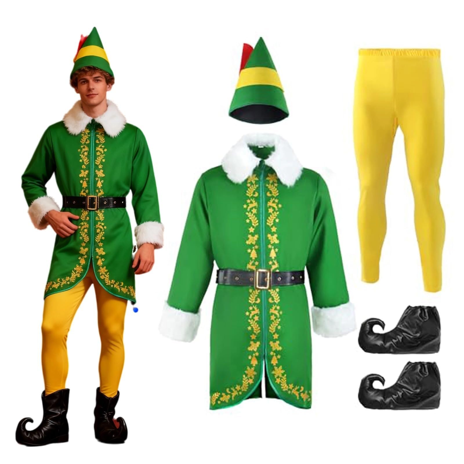Elf Outfit Buddy The Elf Costume Men Green Yellow Christmas Elfs Costumes Mens Cosplay Outfits Adult Santa Suit Outfit for Holiday Xmas Party Dress Up