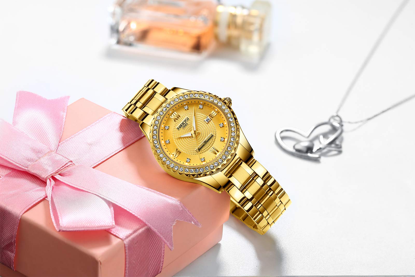 NIBOSI Reloj analógico de Cuarzo para Mujer, Esfera de Oro Rosa, Reloj de Pulsera de Lujo Impermeable con Diamantes de Acero Inoxidable para Mujer, Fecha automática