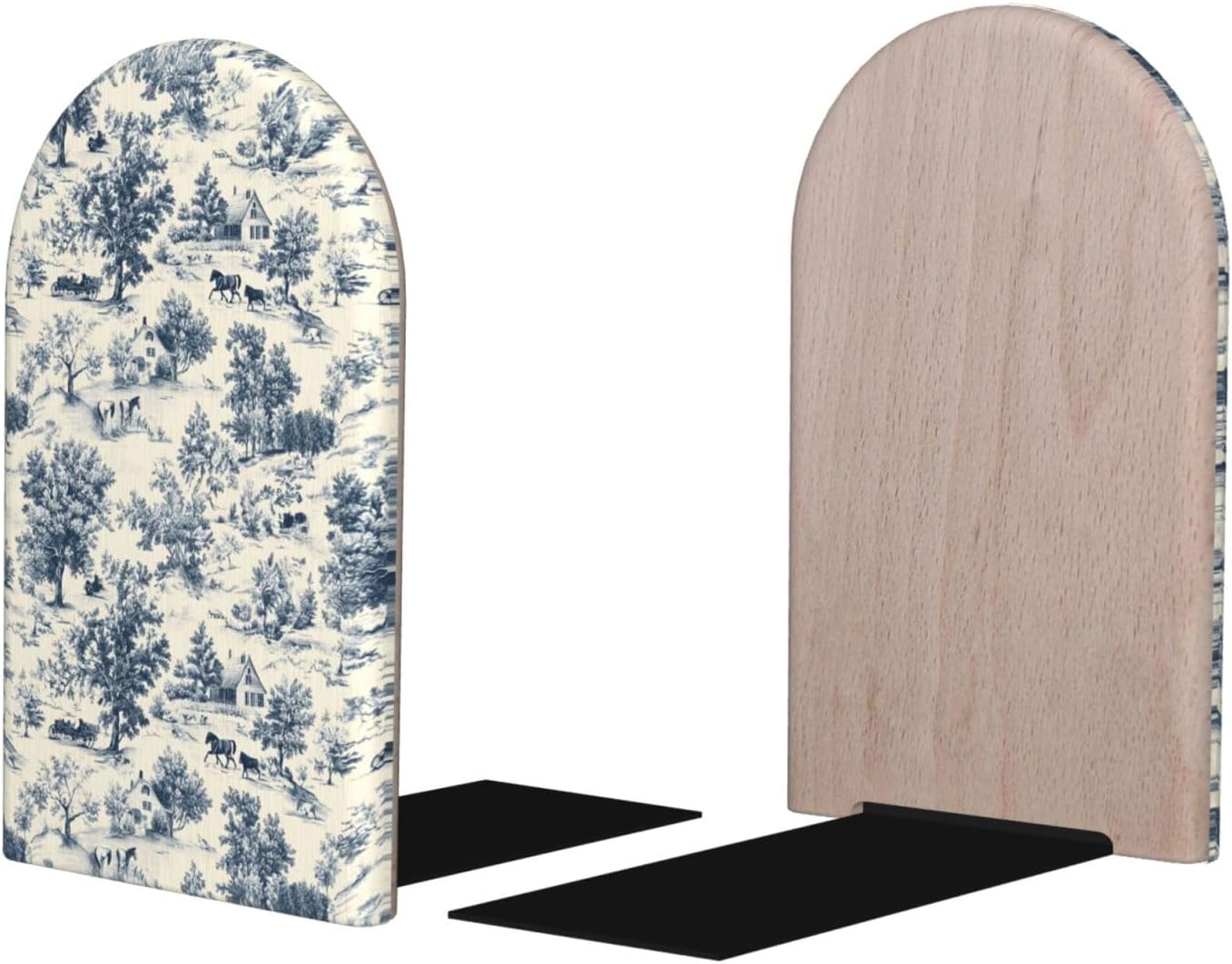 Book Ends for Shelves 1 Pair – Vintage Village Pattern Print Wood with Metal Base Bookends for Heavy Books, Book Stand Organizer Holder for Books