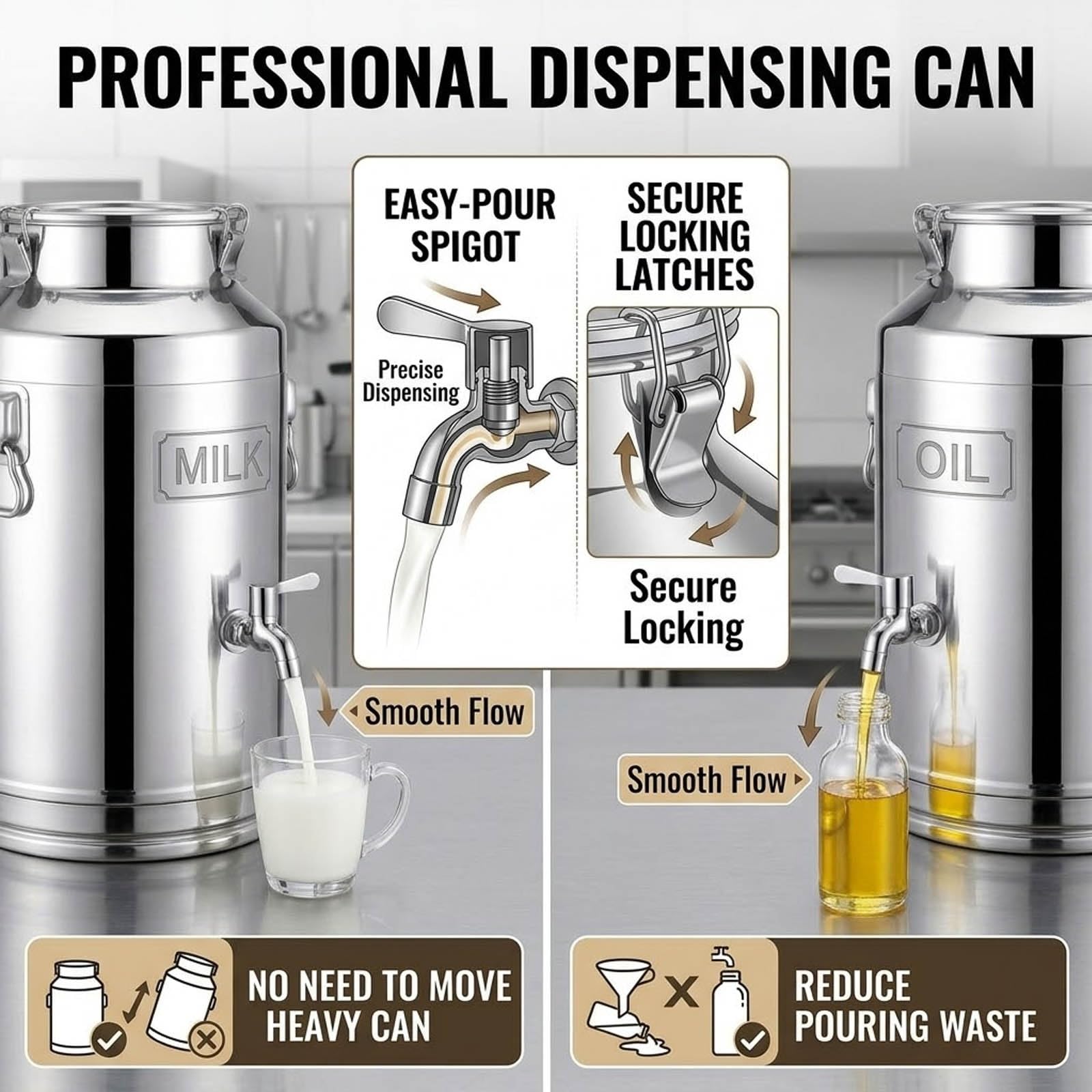 Dispenser Bevande con Rubinetto Inox 304, Tanica Ermetica Olio Latte