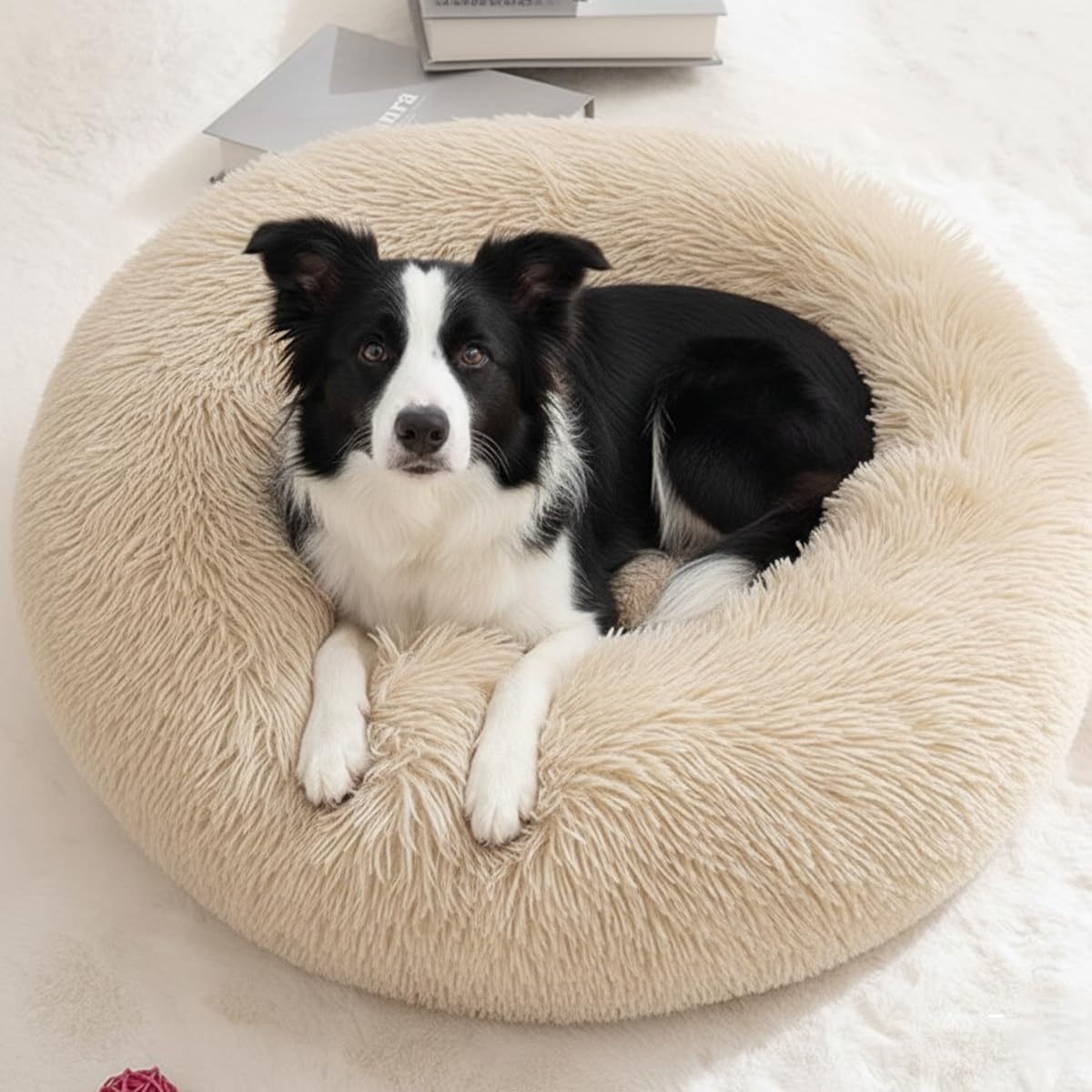Hezotco Large Cat Bed for Indoor Cats & Dogs, Washable Soft Fluff Round Dog & Cat Bed for Small Dogs. 31.5 inches Pet Bed for Puppy，Fits up to 55 lbs Pets，Light Brown