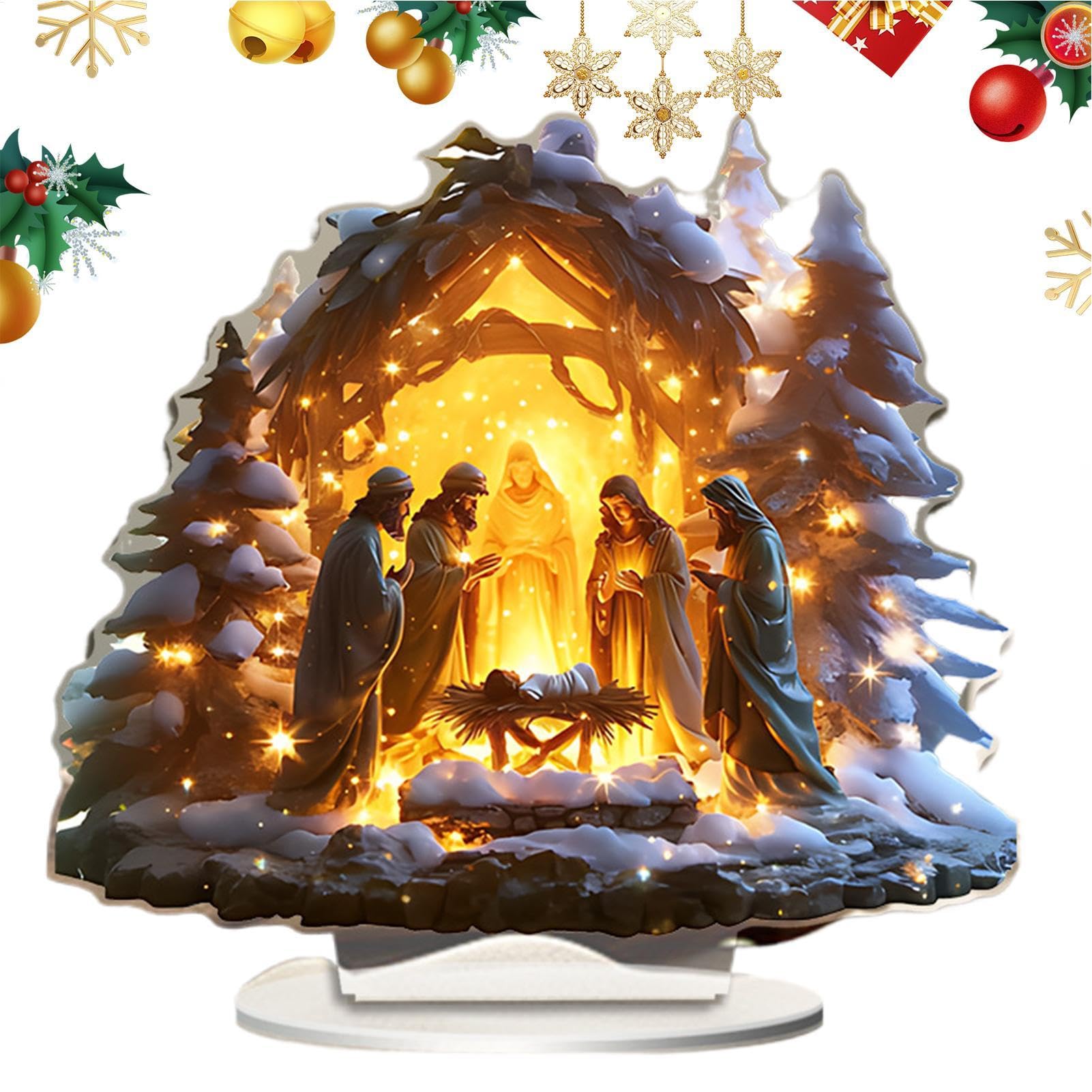 Vjeybv Juego de belén de Navidad de Jesús, juego de nacimiento de Jesús, escena de mesa de Navidad, adorno de Navidad de pesebre, adorno de pesebre acrílico para estantes, chimenea, mesa de comedor,