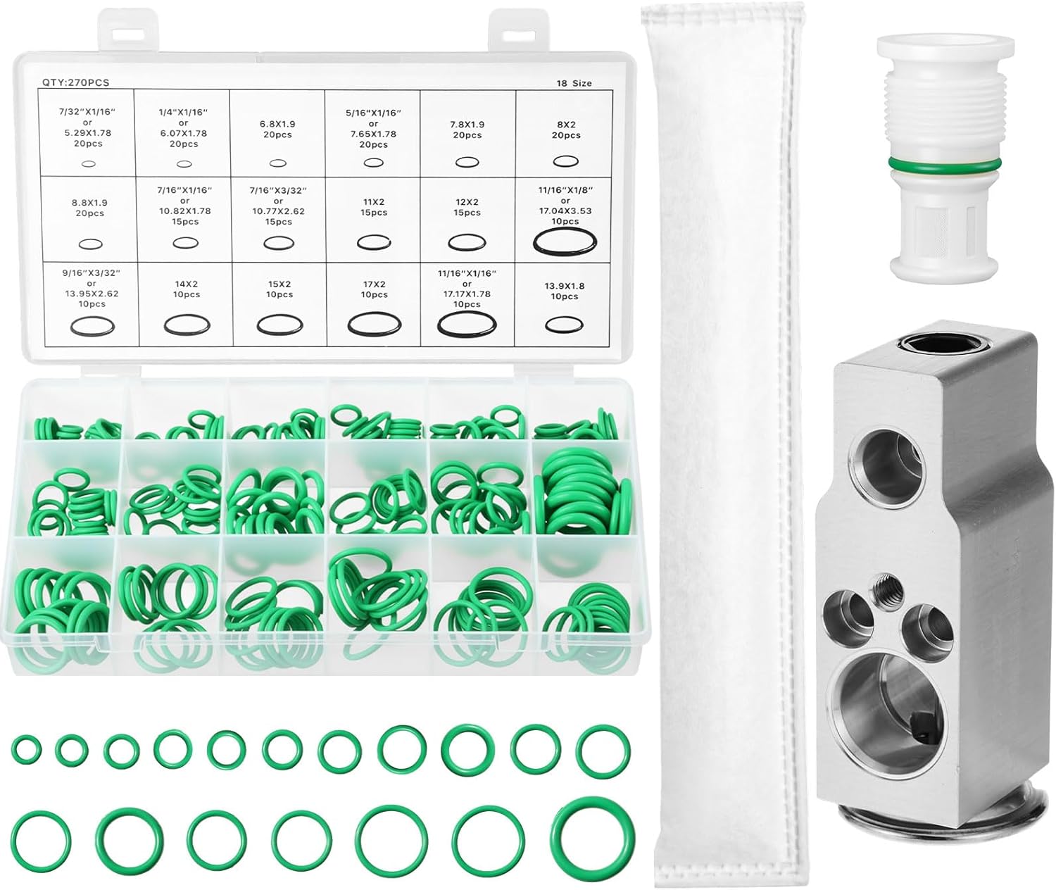 Automotive Air Conditioning Repair Set, A/c Expansion Valve(compatible with Ex10292c) 270 Pcs O Ring Assortment Seal Gasket Washer and A/c Receiver Drier(compatible with Rd10898ktc)