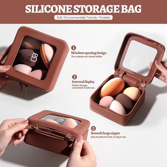 BS-MALL Makeup Sponge Set Pro Version V3.0 Soft Blending Tech For Foundation Blending Blush Highlight 1 XL Dual-Use Makeup Sponge & Waterproof Silicone Cosmetic Travel Bag Brown
