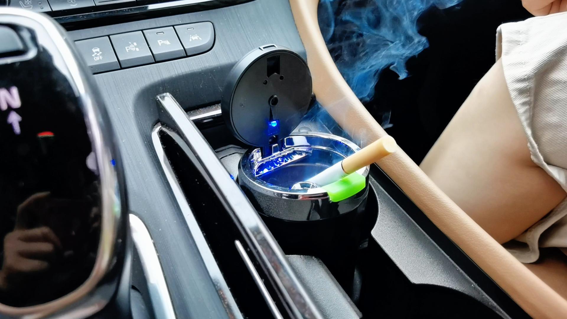 Posacenere Auto Con Luce LED - Portacenere Sigillato E Ignifugo, Capacità 60 Mozziconi | Apertura A Pressione E Base Amovibile - Foto 2