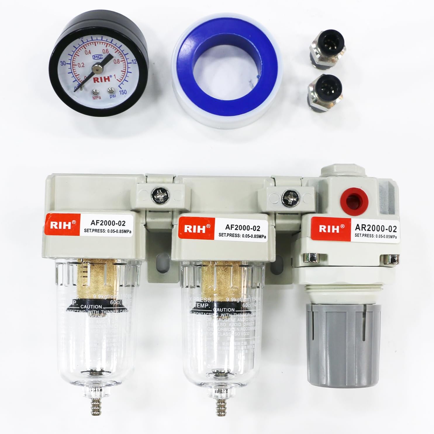 RIH Pneumatics DFR-02 1/4'' NPTCompressed Air Double Filter & Regulator, Air Drying System, Air Compressor Water Separator, Semi -Auto Drain, Poly Bowl,0-150 psi Gauge, 5 Micron Brass Element