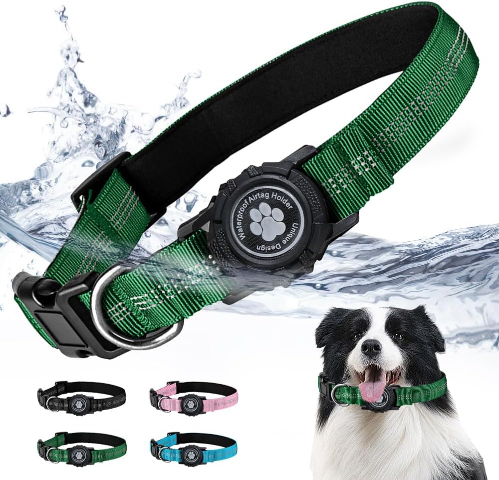 Massive AirTag Canine Collar with Waterproof Reflective Apple Air Tag Holder Locking Buckle Havey-Obligation Nylon Durabe Padded Canine Collars Inexperienced L