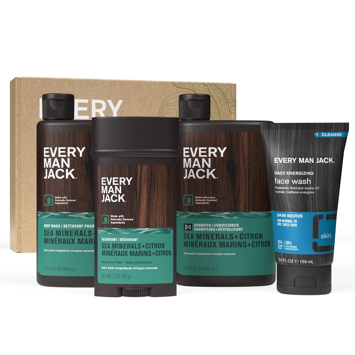 Every Man Jack Men&rsquo;s Sea Minerals + Citron Bath and Body Gift Set - Clean Ingredients & Sea Minerals and Citron Scent - Round Out His Routine with Body Wash, 2-in-1 Shampoo, Deodorant & Face Wash