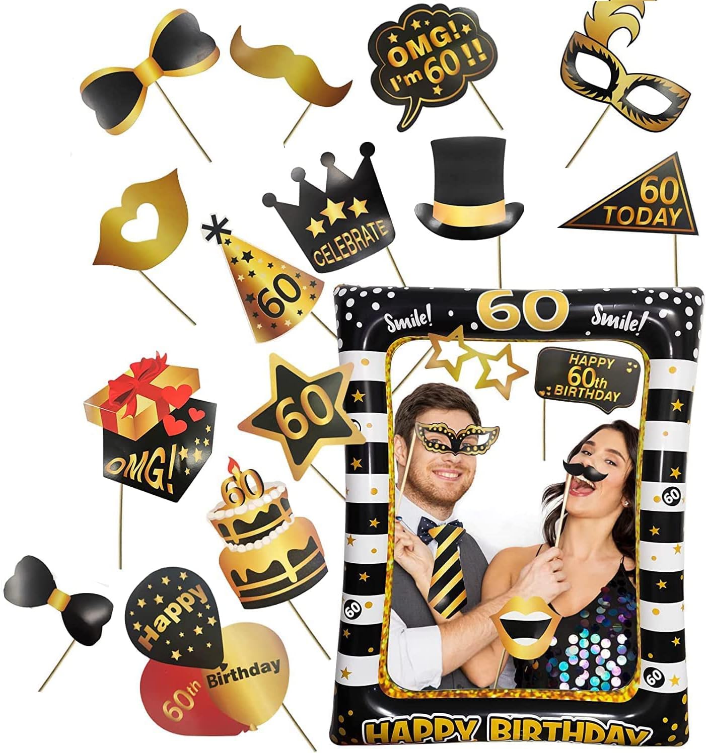 Kit Photo Booth 30 Anni Compleanno - 17 Pezzi Con Cornice Gonfiabile Oro Rosa, Accessori Festa - Foto 4